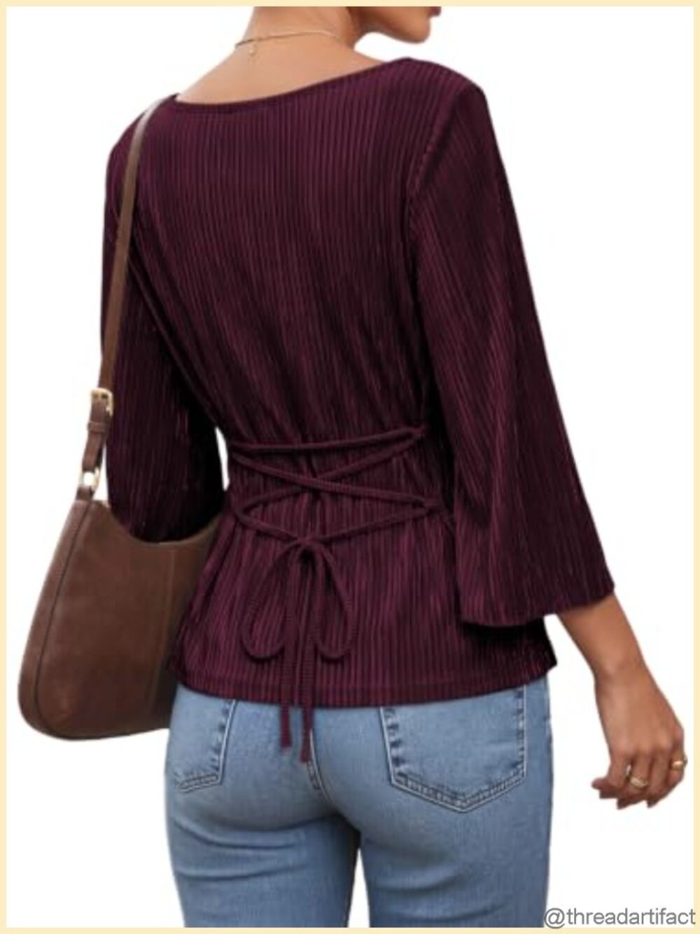 Womens Ribbed Knit 3/4 Bell Sleeve Boat Neck Tie Back Blouse Top